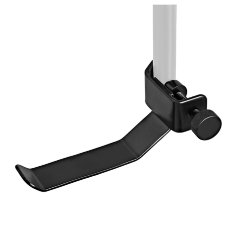 Black clamp attached to a white pole on a white background