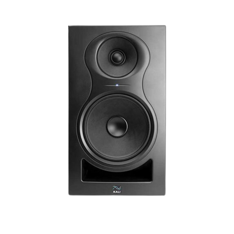 A front view of a Kali Audio IN-8 V2 3-Way Coincident Studio Monitor, showing two woofers and a tweeter arranged in a vertical line, all encased in a black cabinet.