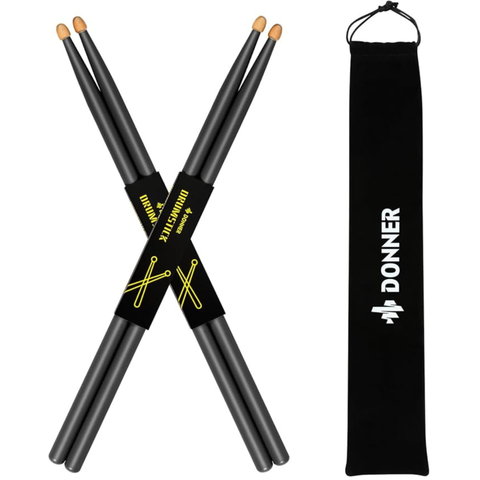 Donner Black Drum Sticks 5A Classic Maple Wood 2 Pair with Carrying Bag