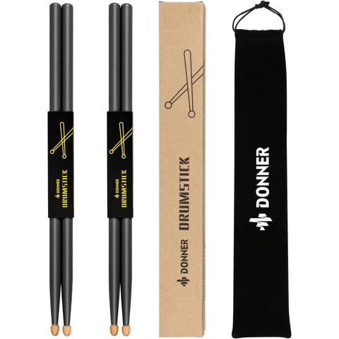 Donner Black Drum Sticks 5A Classic Maple Wood 2 Pair with Carrying Bag
