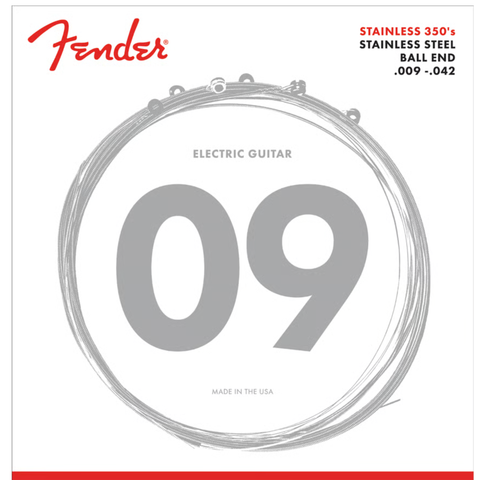 Fender Stainless 350's Guitar Strings, Stainless Steel, Ball End, 350L Gauges .009-.042, (6)